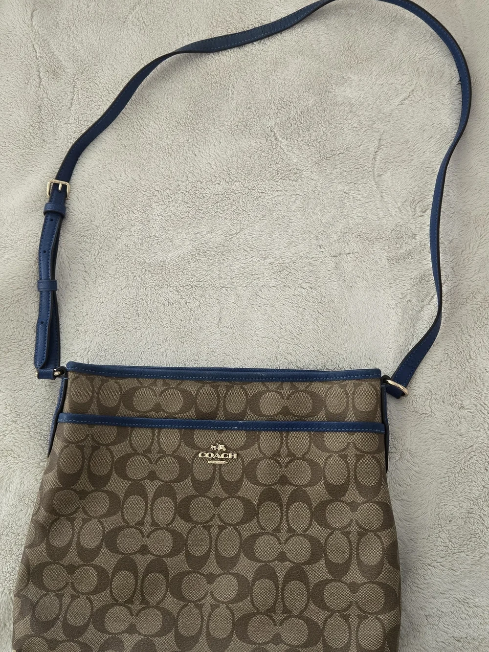 Coach Signature Crossbody Bag in Brown with Blue Trim